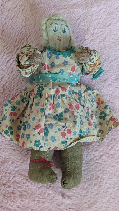 Handmade Cloth Rag Doll Girl with Floral Dress, Embroidered Face, Blue Eyes