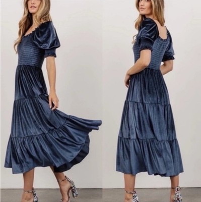 Baltic Born Vivaldi Smocked Velvet Midi Dress Tiered Boho XL Navy Blue