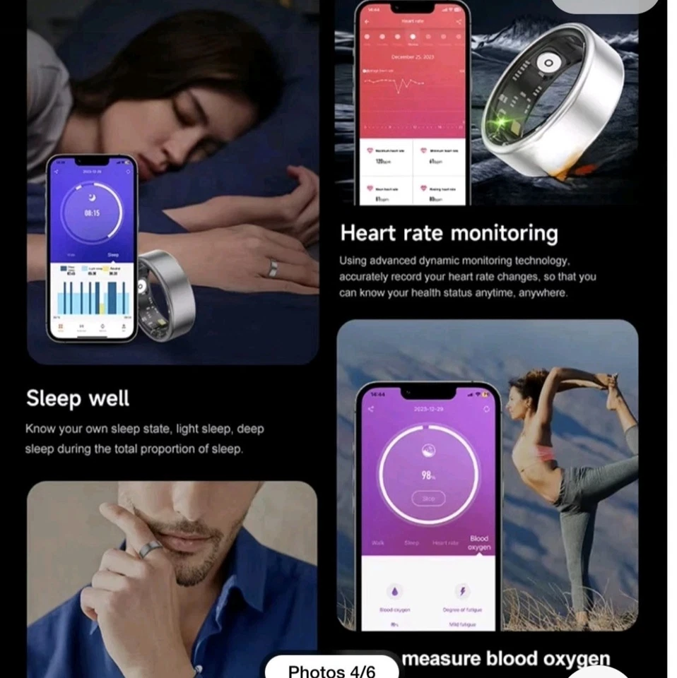 JRing Smart Ring Heart Rate Monitor Blood Oxygen Sleep Tracker Size 11 Black  - Image 3 of 3