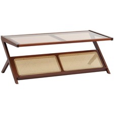Z-Style Rattan Coffee Table 47in, Tempered Glass, Natural Bamboo Legs, 110lb