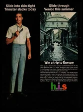 1964 H.I.S. Man In Skin-Tight "Trimster" Slacks Venice Italy Vacation Print Ad