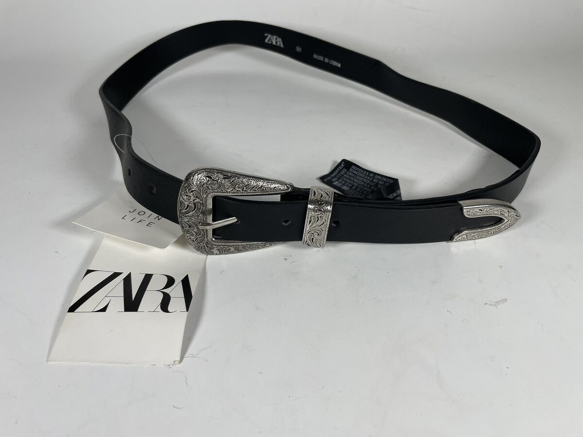 New Zara Black Belt Skinny Faux Leather Silver Buckle size New Zara Black Belt Skinny Faux Leather Silver Buckle size