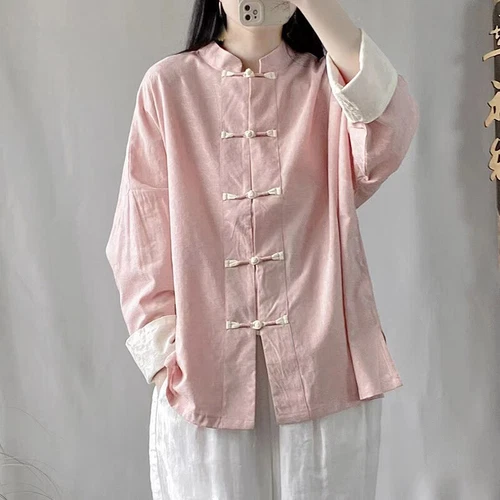 Chinese Style Cotton Linen Loose Shirt Tops Button Womens Casual Loose Blouses - Bild 6 von 11