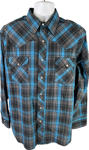 NEW Wrangler Men’s Blue Western Long Sleeve Snap Button Up Shirt - XL