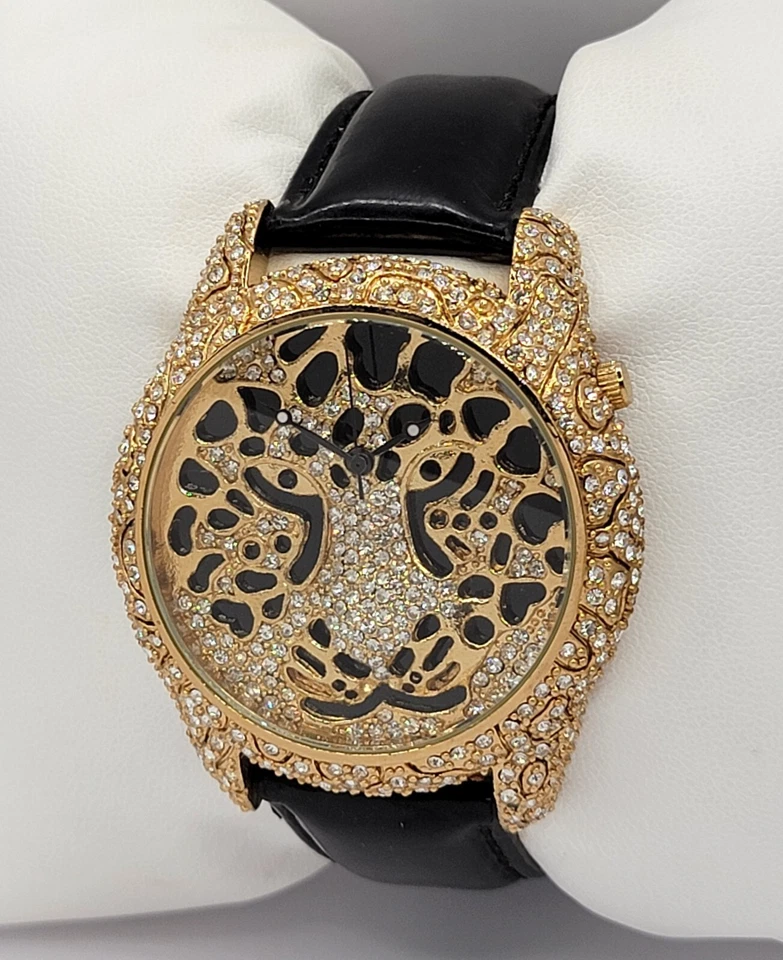 Relógio feminino Rocawear elegante cabeça de leopardo tom dourado couro preto RL0227 F4 - Imagem 2 de 4