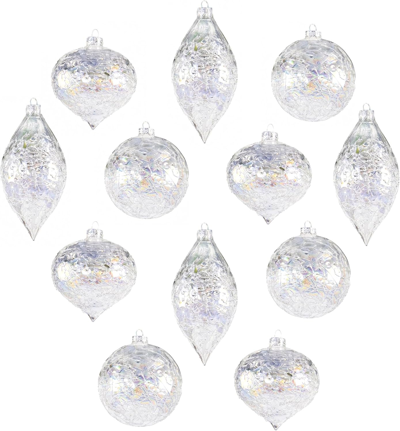 Set of 12 Assorted 3” to 5” Decorative Iridescent Clear Crackle Glass Hanging Ch