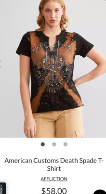 Affliction Women's  DEATH SPADE CHROME  rhinestone lace-up T-shirt Sz Small