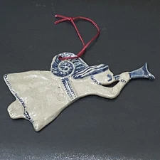 Vintage 1993 ROWE Pottery Salt Glazed Trumpet Angel Christmas Tree Ornament