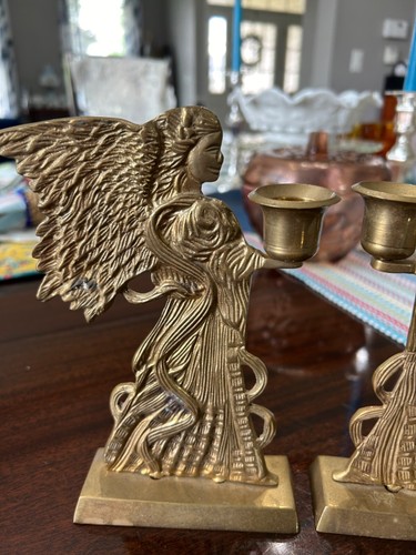 Vintage Hosley Brass Angel Two Sided Candle Holder Guardian Angel Holiday - Imagen 4 de 6
