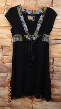 FREE PEOPLE 100% Cotton Short Sleeve Deep V Neck Dress Size 4 Black Floral
