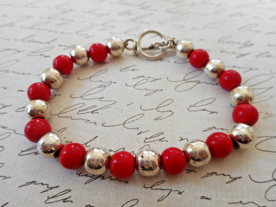 Pulsera de plata de ley con cuentas de coral rojo 8" 39R82N Foto 2 de 4