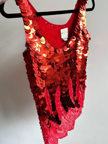 Vintage 80s 90s Ruby Red Beaded Sequin Disco Top Sz M 8 10 12 Evening Glam - Picture 3 of 8