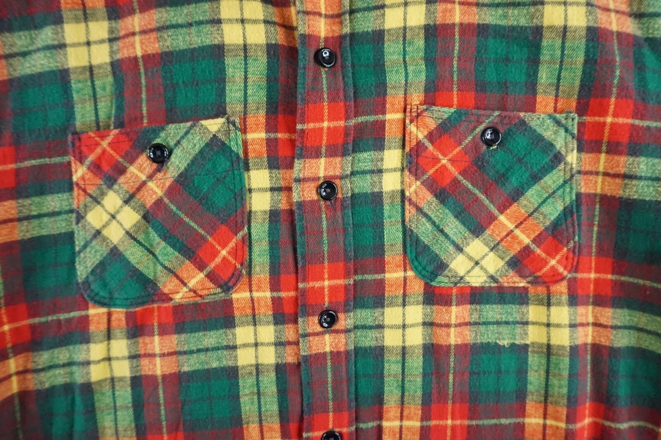 Camisa ELY Hombre Talla 16 Amarillo Verde Franela a Cuadros Vintage Botón Frontal Occidental Foto 4 de 4