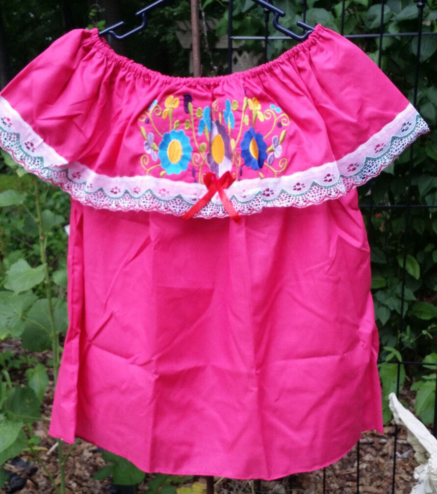 Campesina Mexican Blouse Shirt Pink Ruffled Off Embroidered | eBay