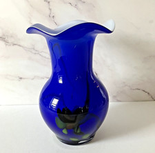 Cobalt Blue Heavy Art Glass Vase Ruffled Edge White Interior Handblown Colorful