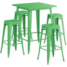 32" Square Green Metal Restaurant Bar Table Set with 4 Backless Barstools