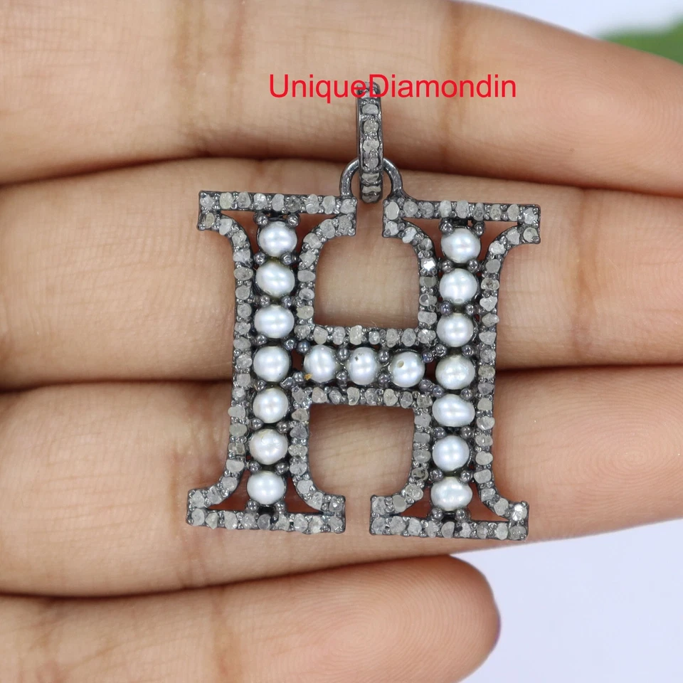 Natural diamond & Natural Pearls 925 sterling silver Handmade H letter pendant - Image 2 of 4
