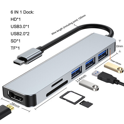 6 in 1 Type C HD Output 4K HDMI USB-C 3.0 Adapter HUB Multi-function Dock