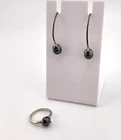 925 Sterling Silver Hook Tahitian Pearl Drop Earrings Ring Set Size 4 Vintage