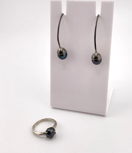 925 Sterling Silver Hook Tahitian Pearl Drop Earrings Ring Set Size 4 Vintage