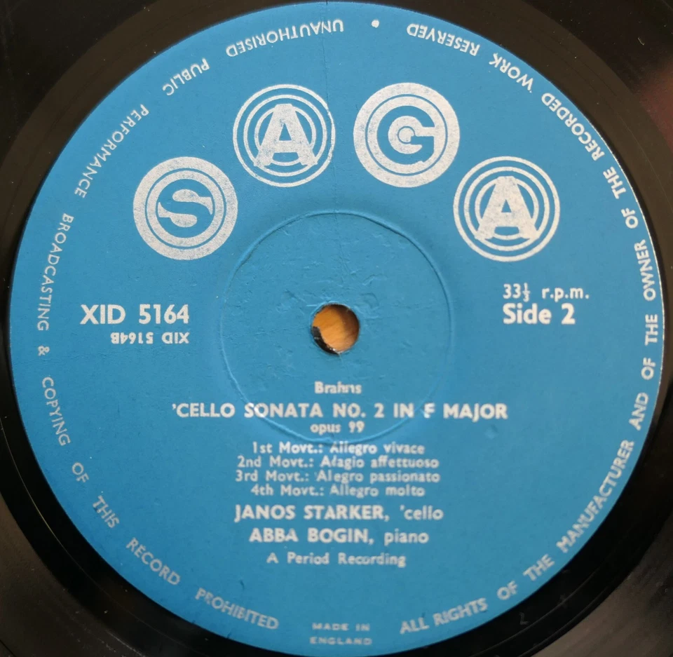 XID 5164 Brahms Cello Sonatas 1 & 2 Janos Starker Abba Bogin SAGA Mono NM - Image 2 of 4