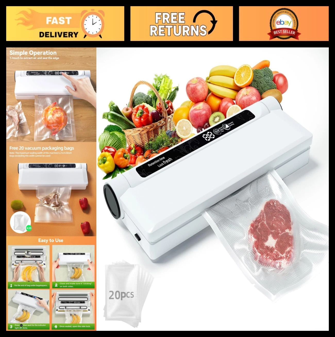 Compact Vacuum Sealer Machine, 75KPA Suction, LED Timer, Dry & Moist Modes, 20 B