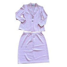St. John Evening Marie Gray Pink Knit Skirt Suit Rhinestone Trim Blazer Set 6
