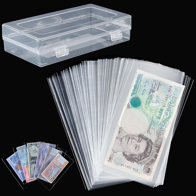 100 PCS Currency Sleeves - Clear Dollar Holder with Storage Box Banknote Protec