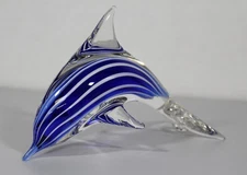 Art Glass Diving Dolphin Sculpture Cobalt Blue With White Stripes Hand Blown