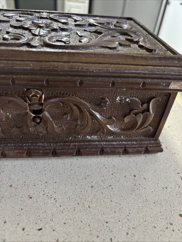 Asian Carved Wooden Jewelry Box 10.5” X 4.25” X 7” Free Shipping - Picture 3 of 11