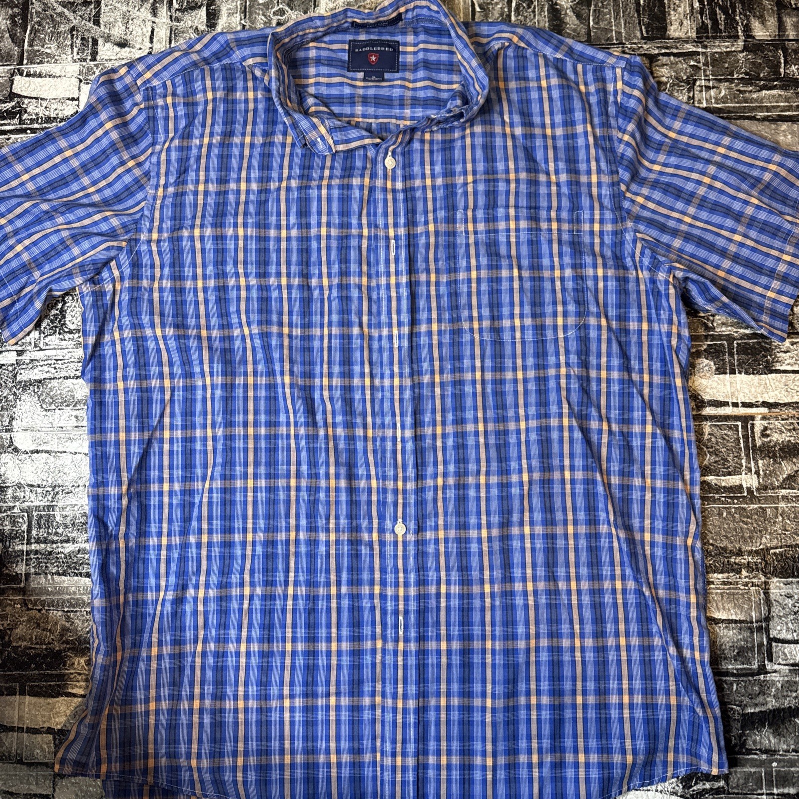 Saddlebred Blue Orange Plaid Button Up Short Sleeve Shirt Adult Men Size XL