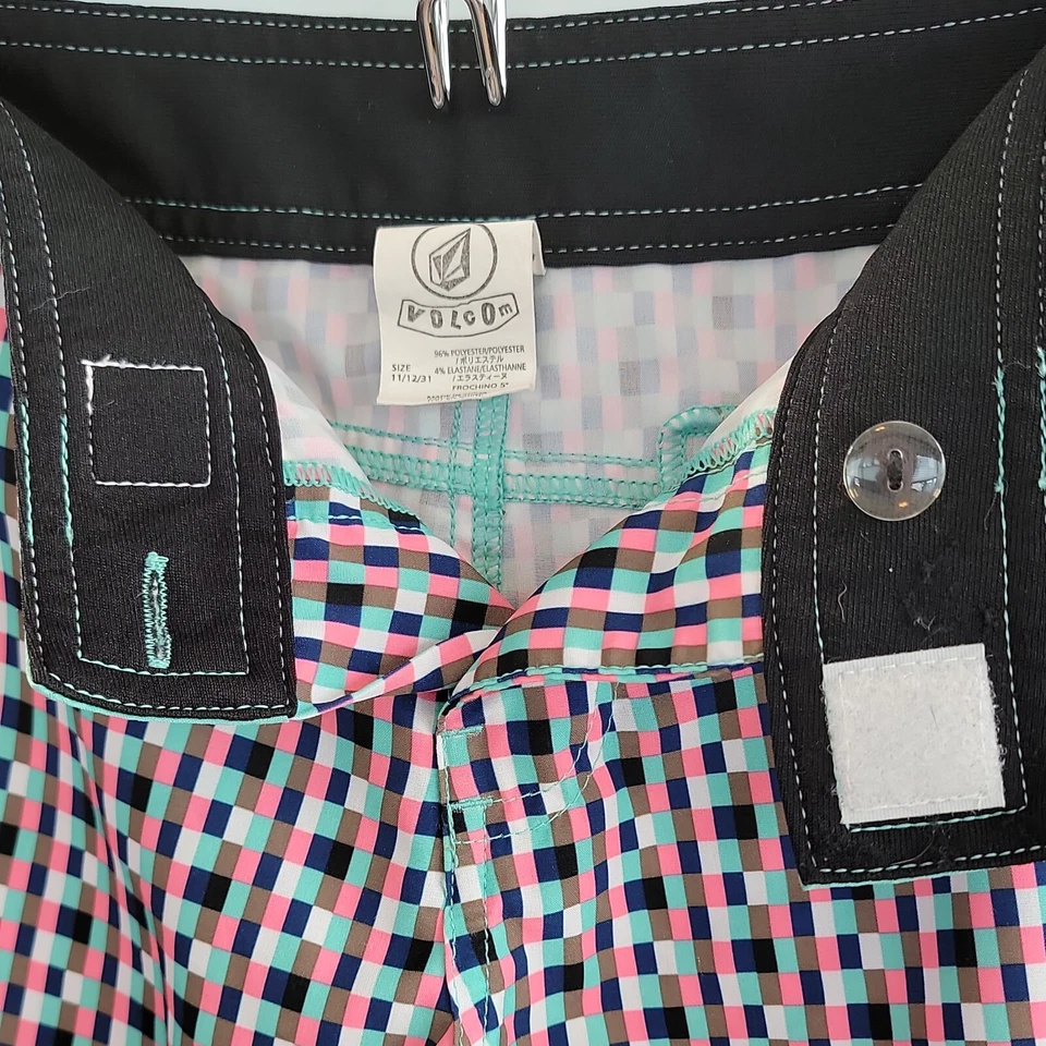Volcom Beach Shorts Multicolor Check Print Hip Pockets Hook Loop Closure Sz 11 - Image 2 of 4