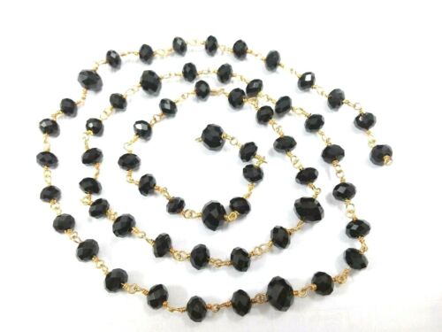 Black Spinel Quartz Rondelle Faceted 8mm Beads, 3 Feet Rosary Chain Gold Wire - Picture 1 of 2