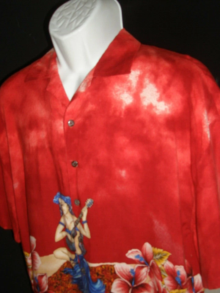Vtg 90s Basix Hula Dancer w/ Ukulele Tropical Hawaiian S/S Hawaiian Shirt Sz, L - Image 3 of 4