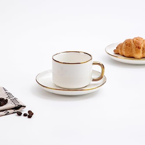 Tea Cups and Saucers with Gold Trim 6.76 Ounce White Porcelain Tea Set ...