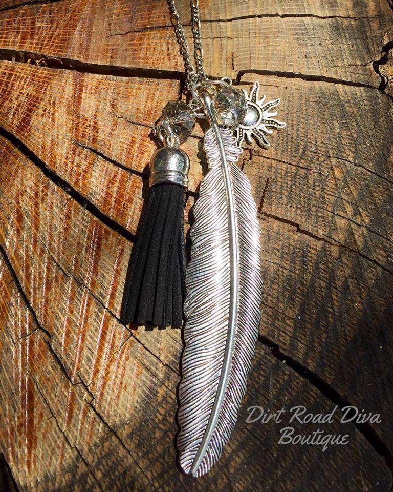 Western Boho Fe Feather, Tassel, and Sun Charm Necklace 30