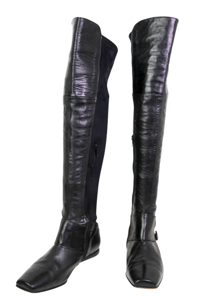 Manas Lea Foscati BOTAS DE MONTAR ALTAS NEGRAS DE CUERO REAL GAMUZA ZAPATOS Talla 39 Foto 2 de 4