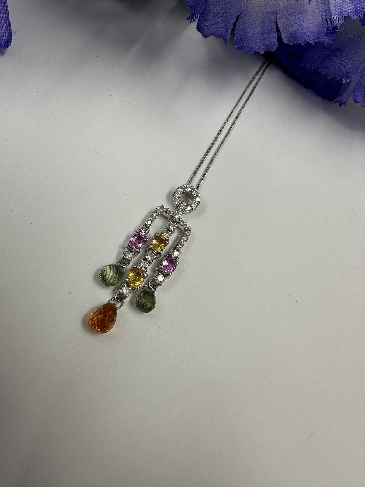Stunning Multi Coloured Sapphire And Diamond White Gold Unusual Pendant