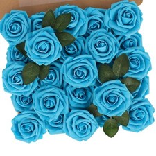 Artificial Flowers 50pcs Real Looking Blue Foam Fake Roses with Stems for DIY...