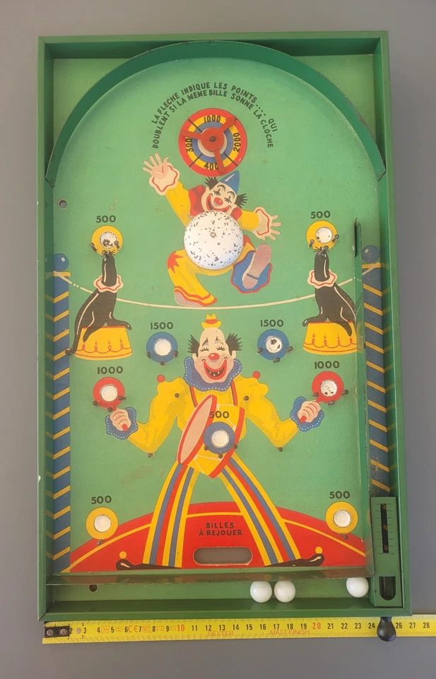 ancien flipper bois carton tole clown otaries avec 3 billes - Photo 3/4