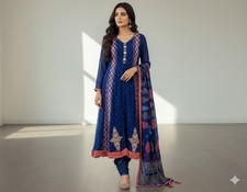 Women's Pakistani Indian 3-Piece Salwar Kameez Outfit Set - Small, Blue/Pink