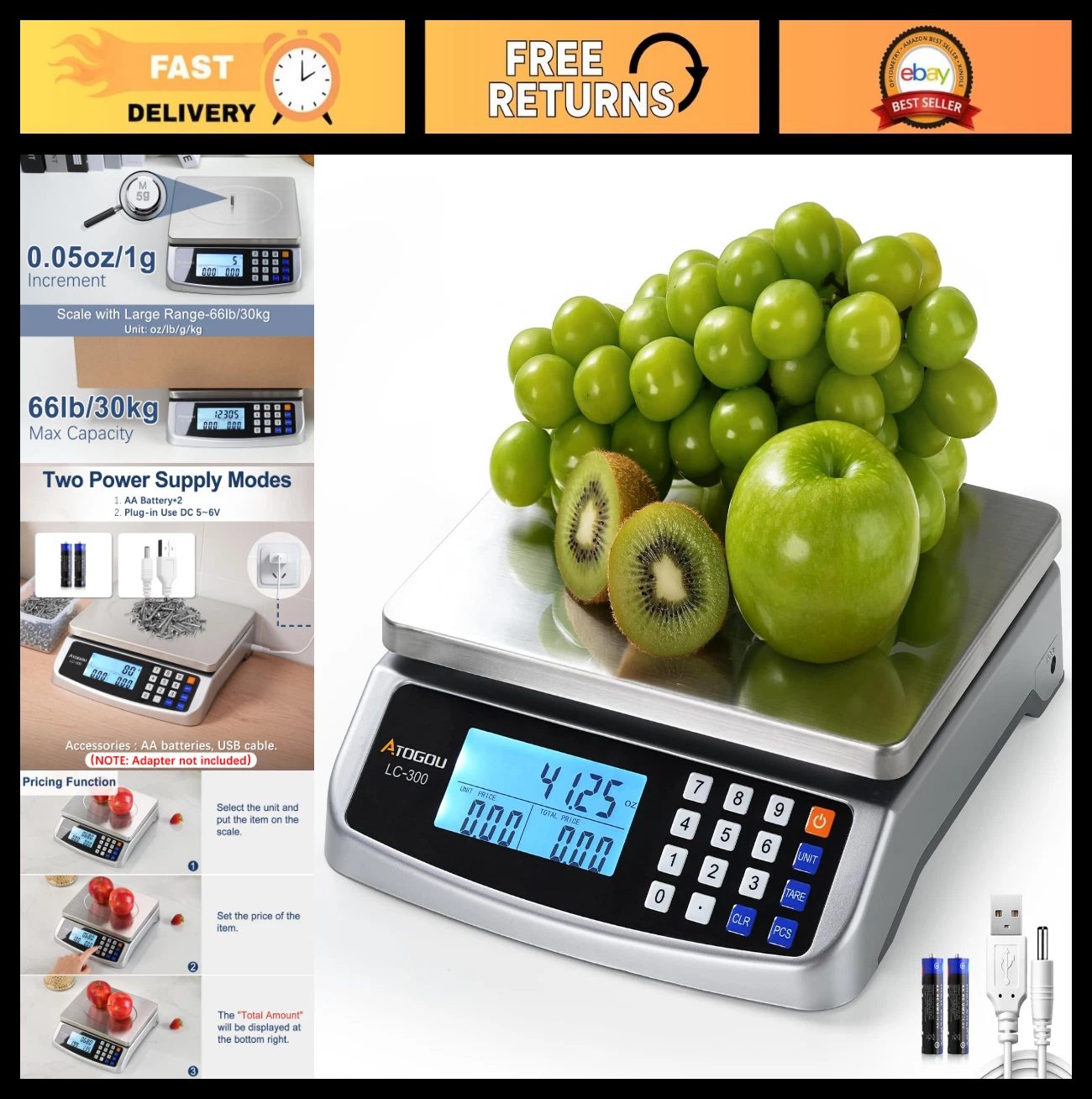 110lb Food Scale - Commercial Kitchen Scale, Price Computing, 304 Stainless Stee