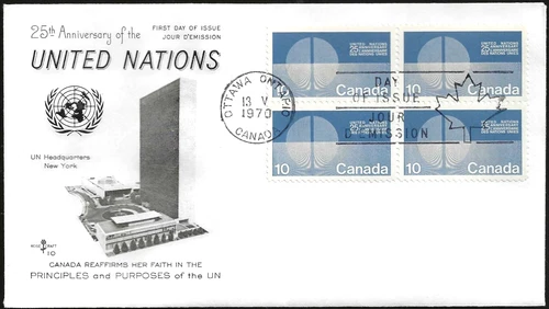 🍁Canada  #513 Block    "UNITED NATIONS"    Brand New  1970  Rosecraft Cover