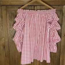 Max Studio Red/White Check Off Shoulder Peasant Style Smocked Blouse L Boho