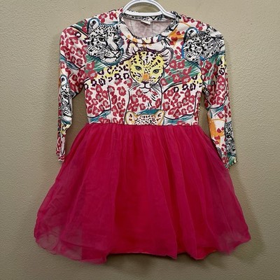 Girl s Leopard Tutu Dress Cat Face Graphic Hot Pink Multi Long Sleeve Size 7