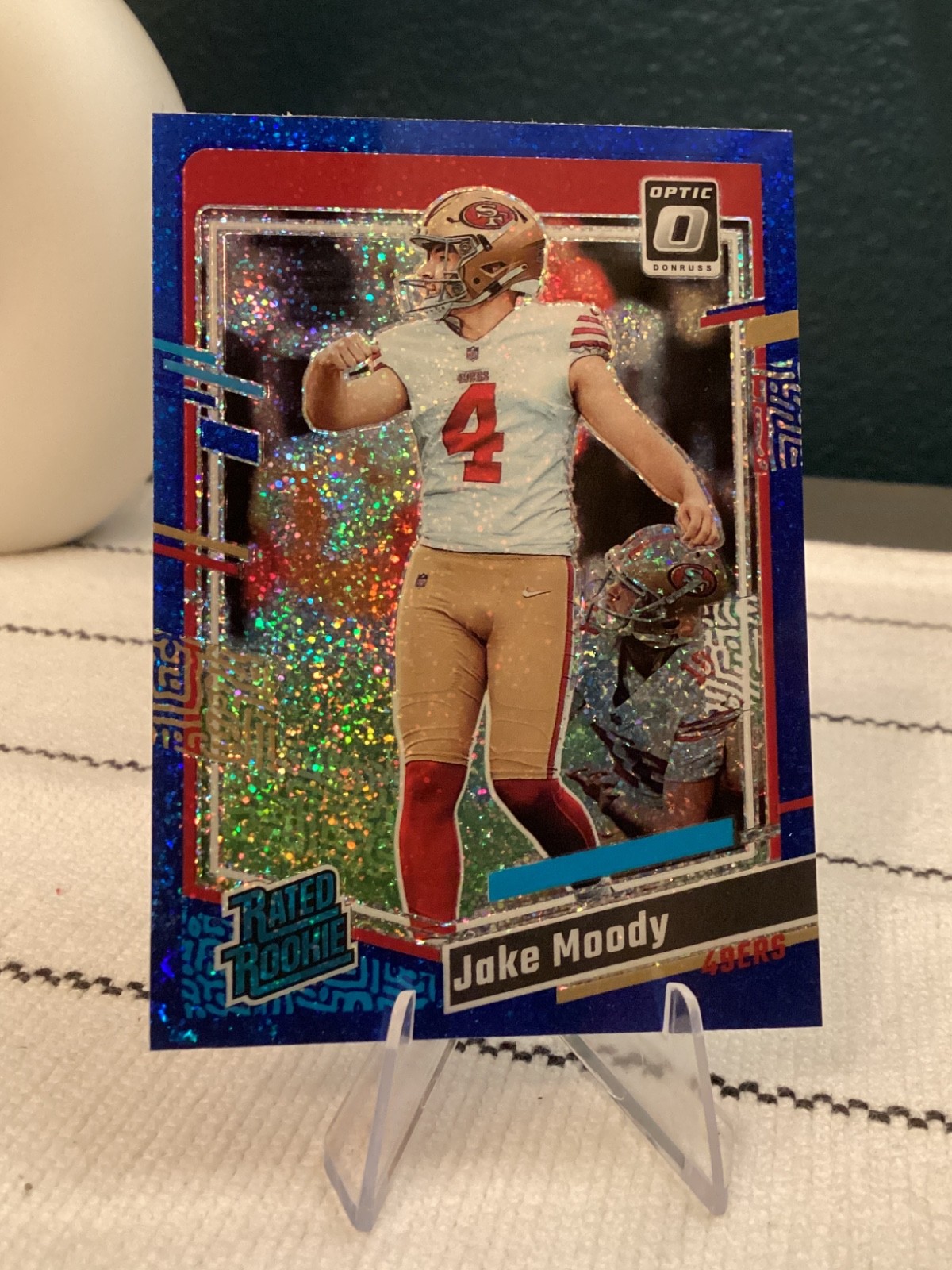 2023 Donruss Optic JAKE MOODY Blue GLITTER Prizm Rated Rookie SSP 49ers #289