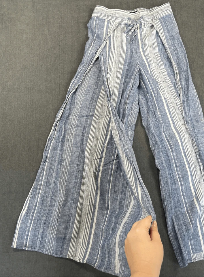 Pantalones Coastal de Lino Pierna Dividida Express Mujer XS Azul Blanco Rayas Playa Relajado Foto 2 de 4