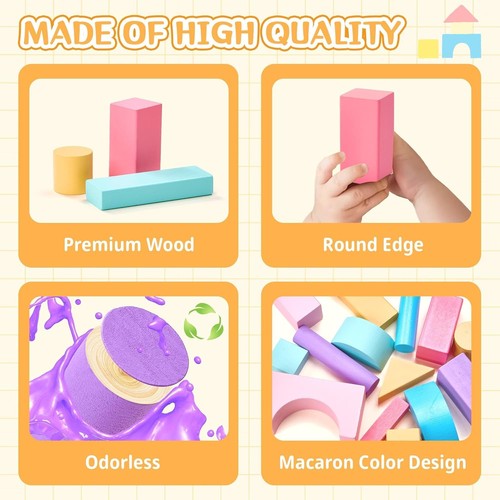 VigorFun 110 PCS Wooden Building Blocks Set - Construction Stacking Pastel - Picture 6 of 8
