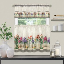 Kate Aurora 3 Pc Gardenia Floral Rod Pocket Kitchen Curtain Tier Valance Set