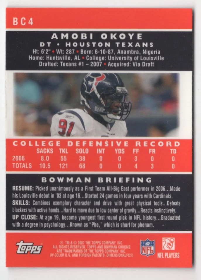 2007 BOWMAN CHROME ROOKIE Amobi Okoye Rookie Houston Texans #BC4 - Image 2 of 2